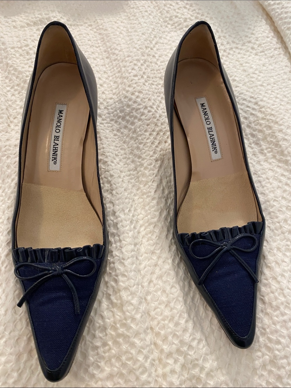 Manolo Blahnik Navy Pointed Toe Flats with Bow Trim